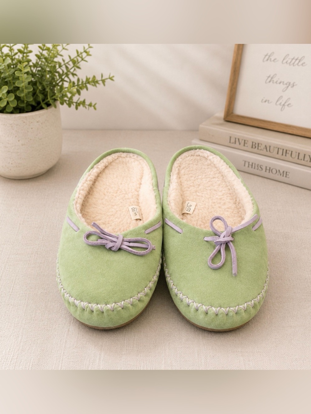 L.L. Bean Green Suede Sherpa Lined Mule Slipper Moccasin size 8